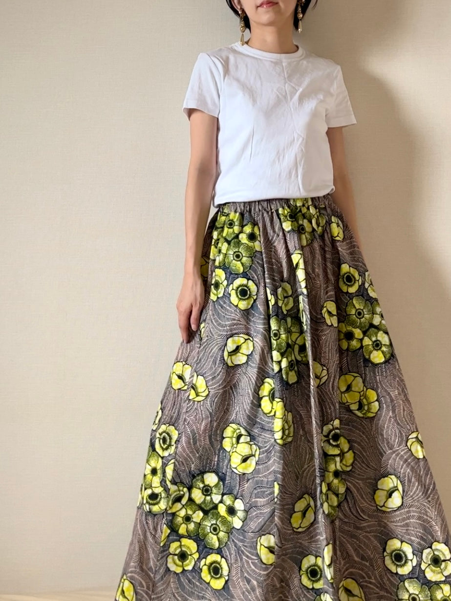 ボリュームロングスカート(松の花柄/イエロー)