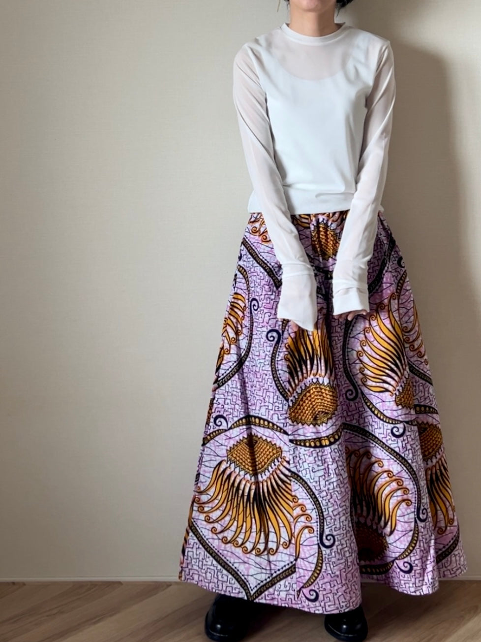 [Made to order] Voluminous long skirt (mariage pattern/light blue)