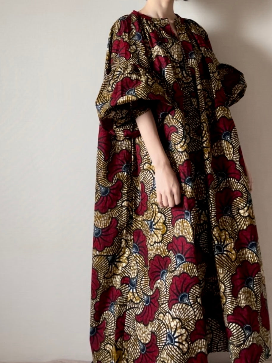 [Made to order] Volume sleeve dress (mariage pattern/red brown)