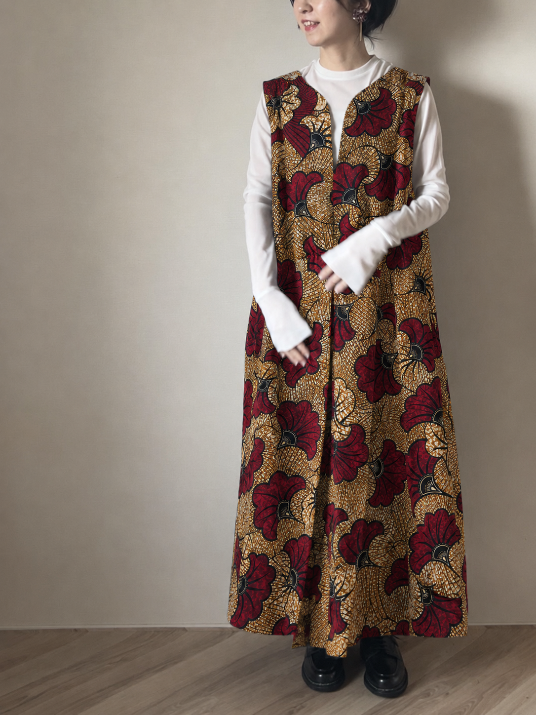 [Made to order] Volume sleeve dress (mariage pattern/red brown)