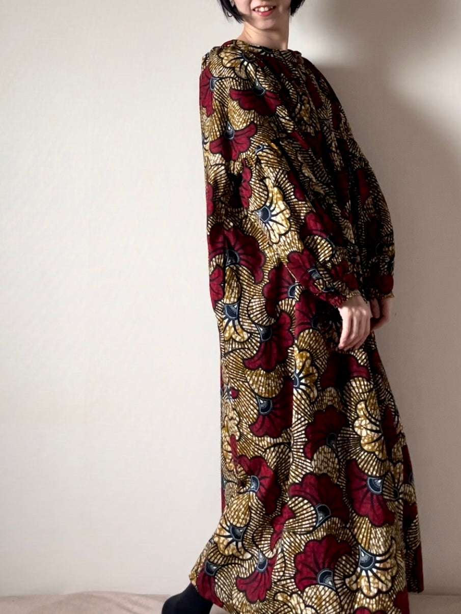 [Made to order] Volume sleeve dress (mariage pattern/red brown)