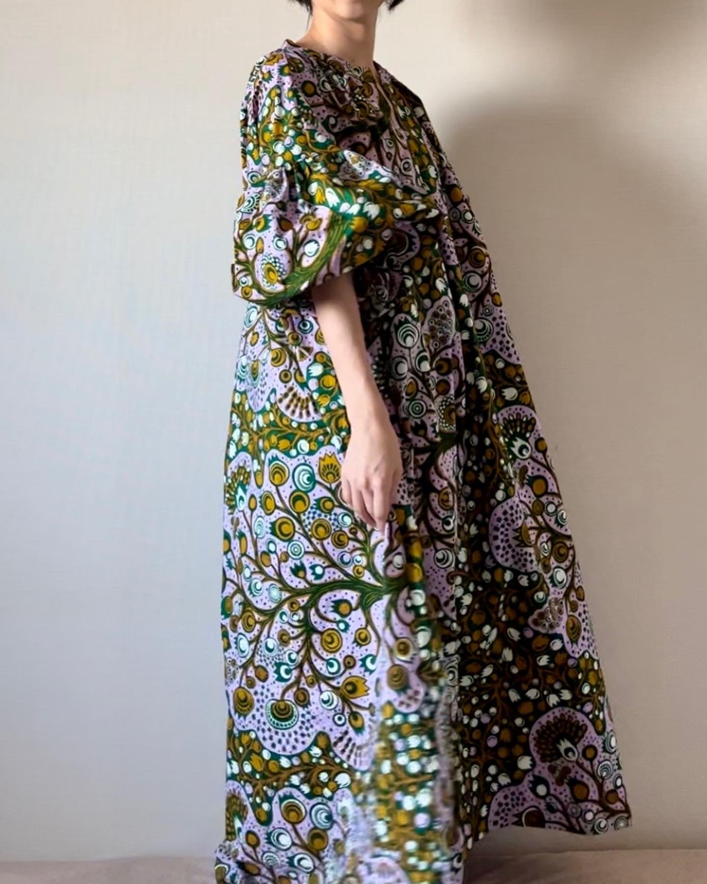 Volume sleeve dress (tulip pattern/yellow)