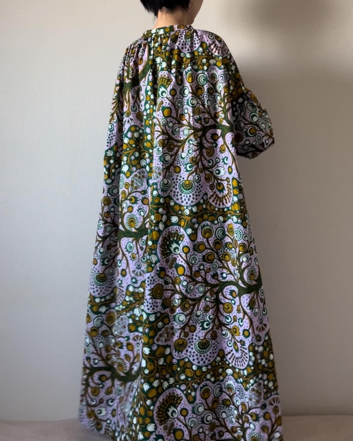 Volume sleeve dress (tulip pattern/yellow)